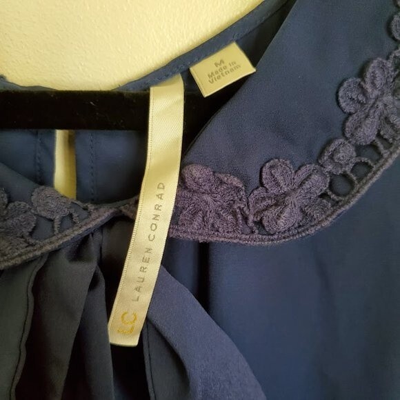 LC Lauren Conrad Sheer Navy Lace Bow Blouse - Picture 3 of 4